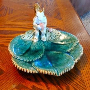 Vintage MAJOLICA squirrel, nut, leaf dish platter.